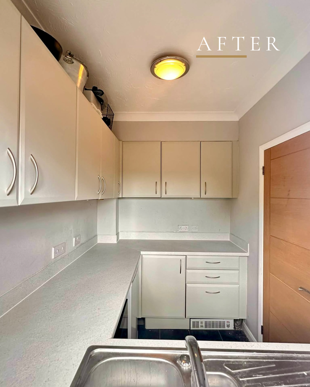 After — cloud grey vinyl wrap with matching countertops